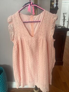 Sleeveless Peach Eyelet Mini Dress with V-Neck/ Built in Shorts